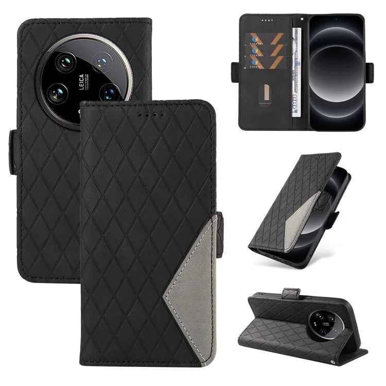 For Xiaomi 14 Ultra Case Imprinted Rhombus Grid Pattern Wallet Phone Cover