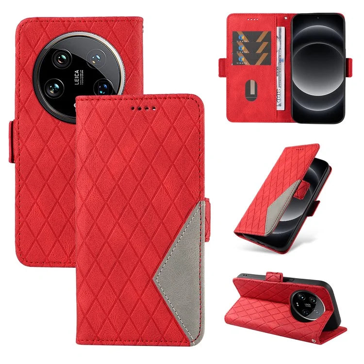 For Xiaomi 14 Ultra Case Imprinted Rhombus Grid Pattern Wallet Phone Cover