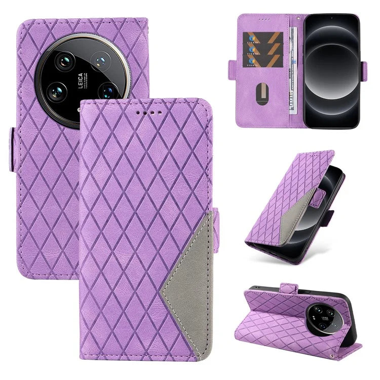 For Xiaomi 14 Ultra Case Imprinted Rhombus Grid Pattern Wallet Phone Cover