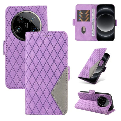 For Xiaomi 14 Ultra Case Imprinted Rhombus Grid Pattern Wallet Phone Cover