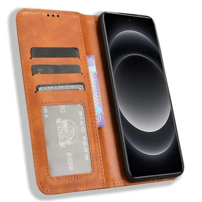 For Xiaomi 14 Ultra Case Vintage Leather Magnetic Flip Phone Cover