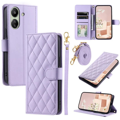 For Xiaomi Redmi 13C 4G / Poco C65 4G Case Wallet Rhombus Grid Pattern Phone Cover with Hand Strap