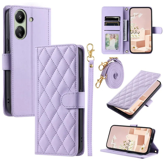 For Xiaomi Redmi 13C 4G / Poco C65 4G Case Wallet Rhombus Grid Pattern Phone Cover with Hand Strap