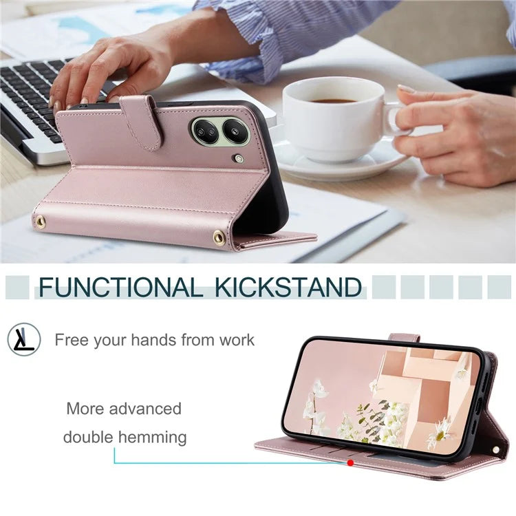 For Xiaomi Redmi 13C 4G / Poco C65 4G Case Wallet Rhombus Grid Pattern Phone Cover with Hand Strap