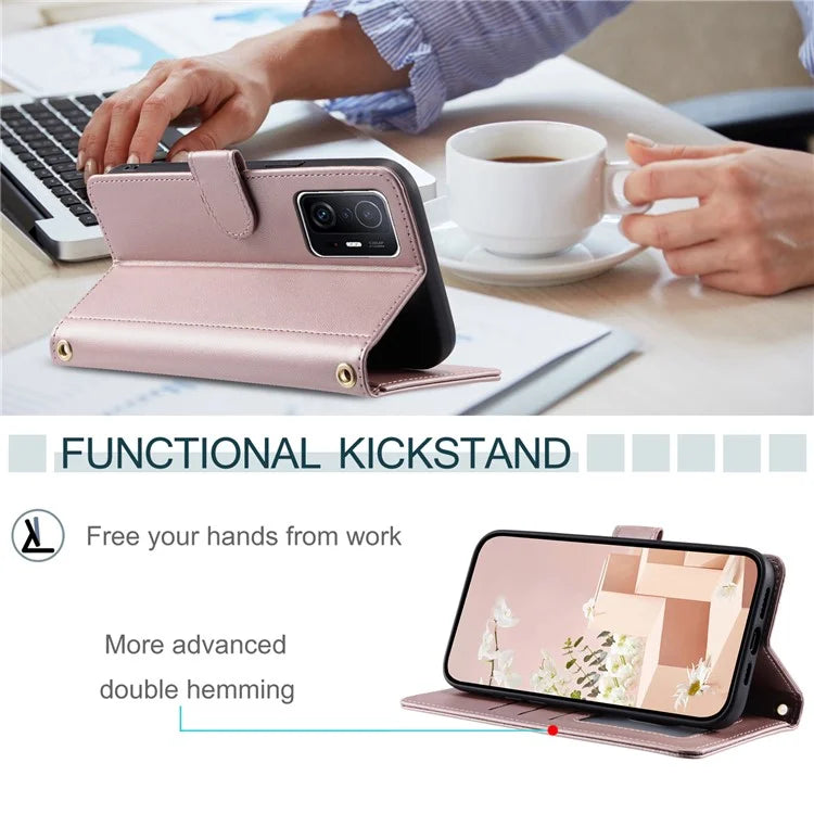 For Xiaomi 11T / 11T Pro Leather Case Wallet Card Holder Phone Cover with Shoulder Strap