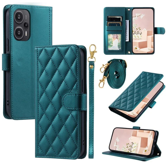 For Xiaomi Poco F5 5G / Redmi Note 12 Turbo Magnetic Case Rhombus Grid Leather Cover with Wrist Strap