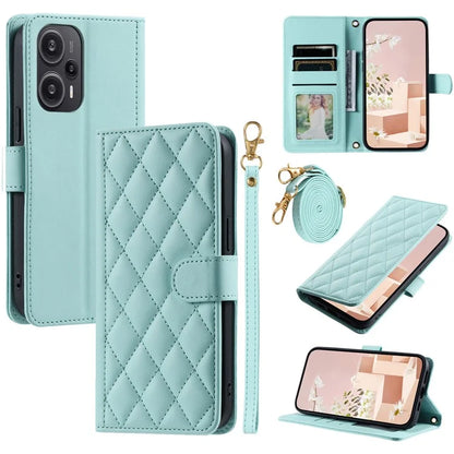 For Xiaomi Poco F5 5G / Redmi Note 12 Turbo Magnetic Case Rhombus Grid Leather Cover with Wrist Strap