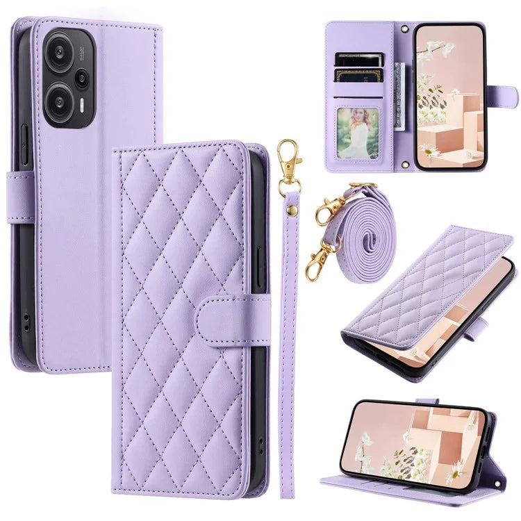 For Xiaomi Poco F5 5G / Redmi Note 12 Turbo Magnetic Case Rhombus Grid Leather Cover with Wrist Strap