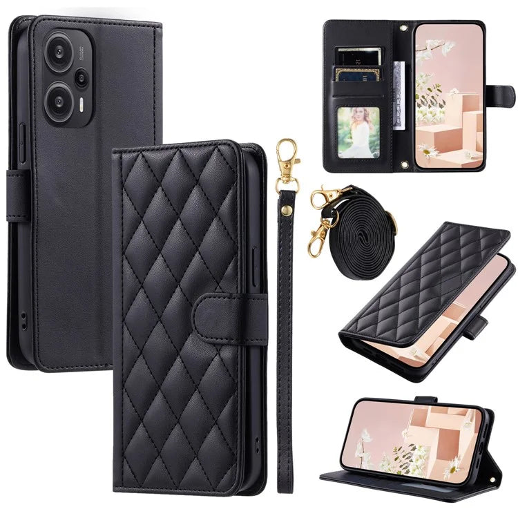 For Xiaomi Poco F5 5G / Redmi Note 12 Turbo Magnetic Case Rhombus Grid Leather Cover with Wrist Strap