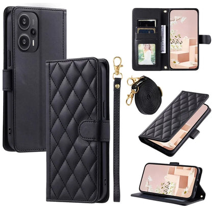 For Xiaomi Poco F5 5G / Redmi Note 12 Turbo Magnetic Case Rhombus Grid Leather Cover with Wrist Strap