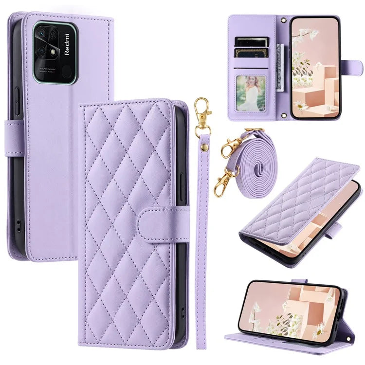 For Xiaomi Redmi 10C 4G / Redmi 10 (India) 4G / Redmi 10 Power Phone Case Rhombus Grid Leather Stand Cover