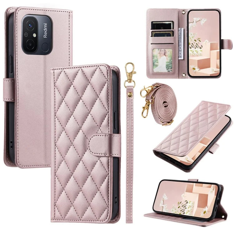 For Xiaomi Redmi 11A 4G / Poco C55 4G Case Rhombus Grid Stand Phone Guard Cover with 2 Straps