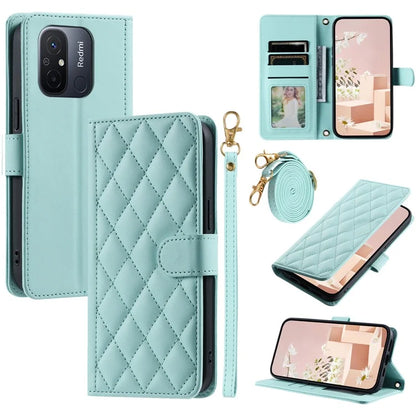 For Xiaomi Redmi 11A 4G / Poco C55 4G Case Rhombus Grid Stand Phone Guard Cover with 2 Straps