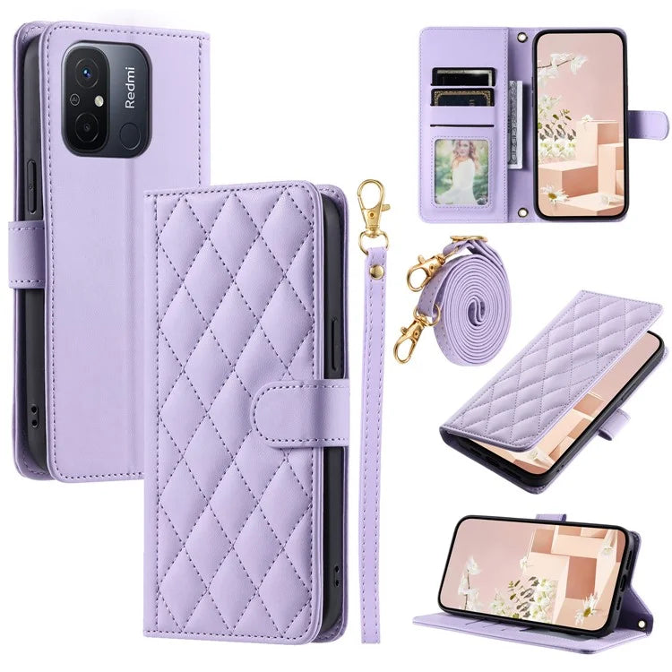 For Xiaomi Redmi 11A 4G / Poco C55 4G Case Rhombus Grid Stand Phone Guard Cover with 2 Straps