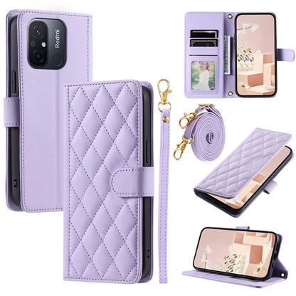 For Xiaomi Redmi 11A 4G / Poco C55 4G Case Rhombus Grid Stand Phone Guard Cover with 2 Straps