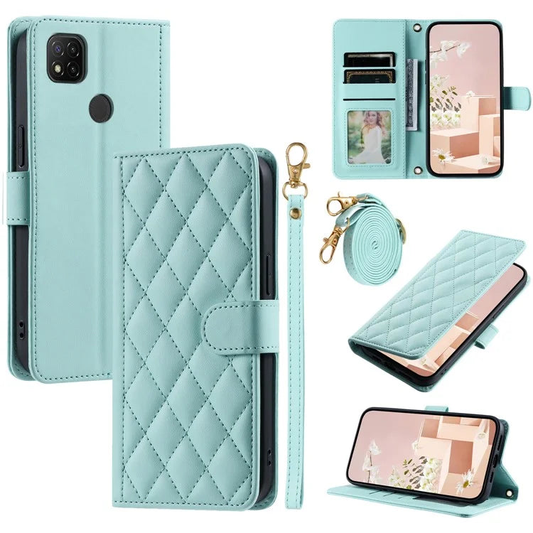 For Xiaomi Redmi 9C / Poco C31 / Redmi 9C NFC Cell Phone Case Rhombus Grid Leather Cover with 2 Straps