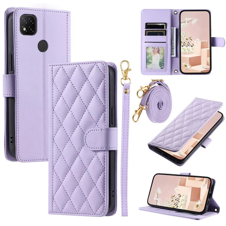 For Xiaomi Redmi 9C / Poco C31 / Redmi 9C NFC Cell Phone Case Rhombus Grid Leather Cover with 2 Straps