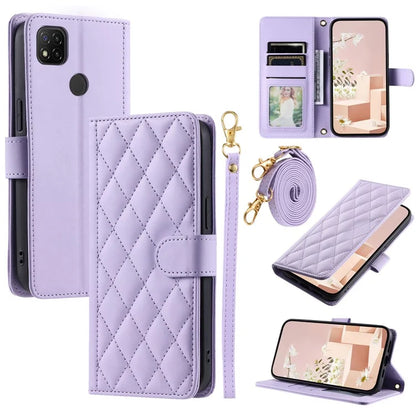 For Xiaomi Redmi 9C / Poco C31 / Redmi 9C NFC Cell Phone Case Rhombus Grid Leather Cover with 2 Straps