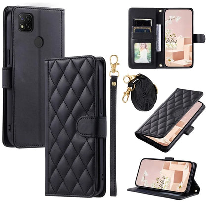 For Xiaomi Redmi 9C / Poco C31 / Redmi 9C NFC Cell Phone Case Rhombus Grid Leather Cover with 2 Straps