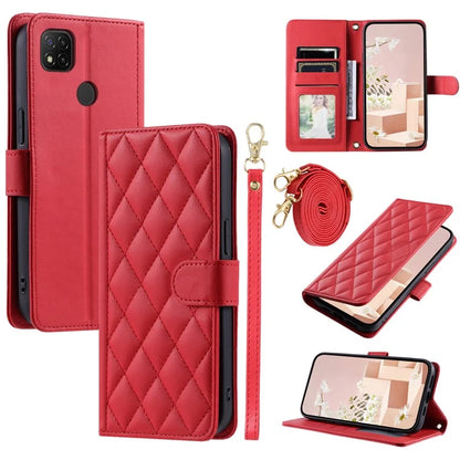 For Xiaomi Redmi 9C / Poco C31 / Redmi 9C NFC Cell Phone Case Rhombus Grid Leather Cover with 2 Straps