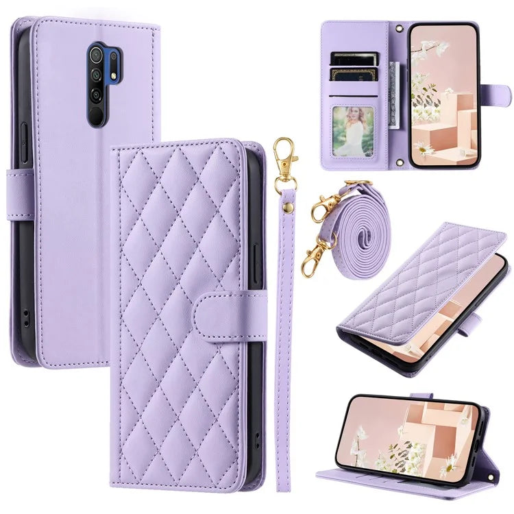 For Xiaomi Poco M2 / Redmi 9 / 9 Prime (India) Case Rhombus Grid Leather Wallet Phone Cover with 2 Straps