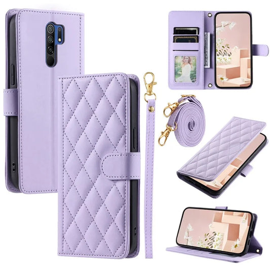 For Xiaomi Poco M2 / Redmi 9 / 9 Prime (India) Case Rhombus Grid Leather Wallet Phone Cover with 2 Straps