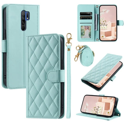 For Xiaomi Poco M2 / Redmi 9 / 9 Prime (India) Case Rhombus Grid Leather Wallet Phone Cover with 2 Straps