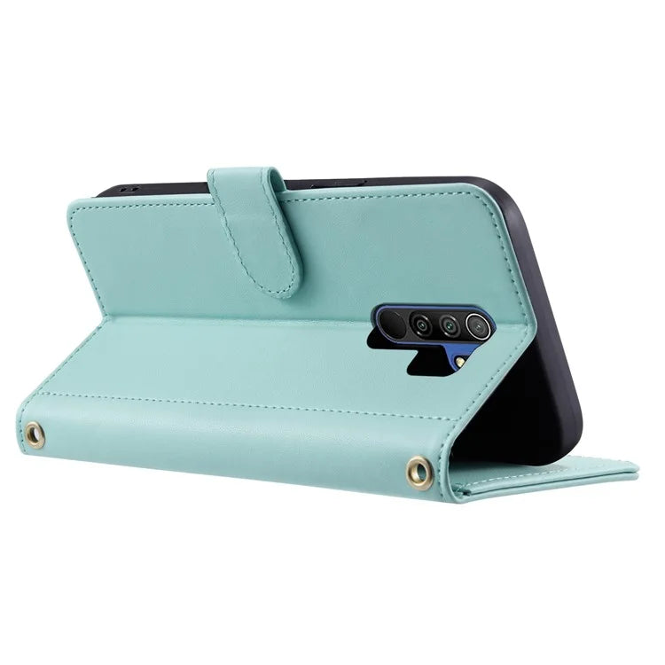For Xiaomi Poco M2 / Redmi 9 / 9 Prime (India) Case Rhombus Grid Leather Wallet Phone Cover with 2 Straps
