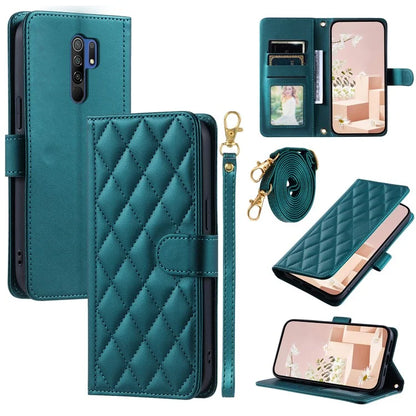 For Xiaomi Poco M2 / Redmi 9 / 9 Prime (India) Case Rhombus Grid Leather Wallet Phone Cover with 2 Straps