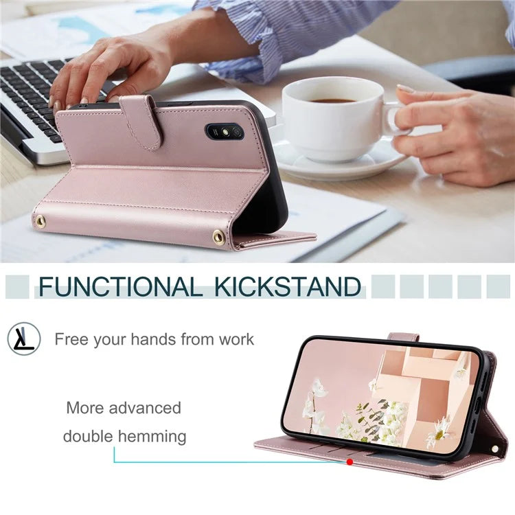 For Xiaomi Redmi 9A / 9AT / 9i Phone Case Rhombus Grid Leather Wallet Stand Cover with 2 Straps