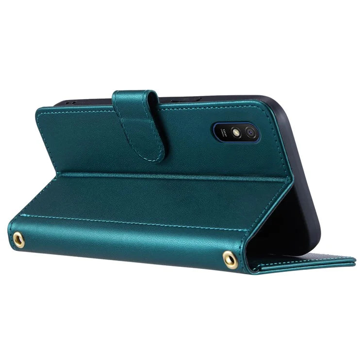 For Xiaomi Redmi 9A / 9AT / 9i Phone Case Rhombus Grid Leather Wallet Stand Cover with 2 Straps