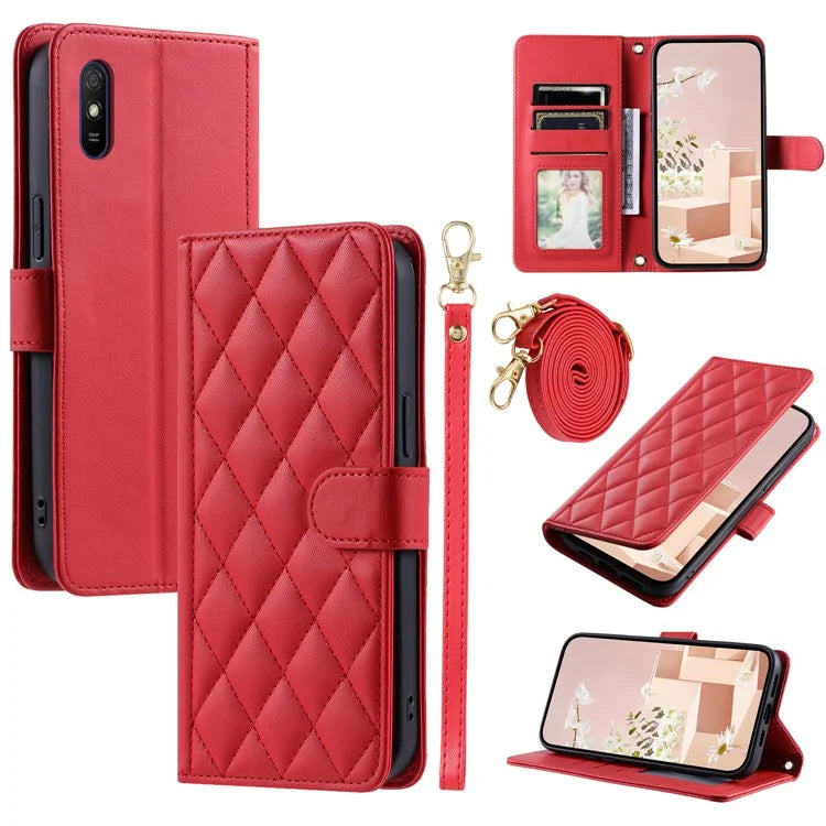 For Xiaomi Redmi 9A / 9AT / 9i Phone Case Rhombus Grid Leather Wallet Stand Cover with 2 Straps