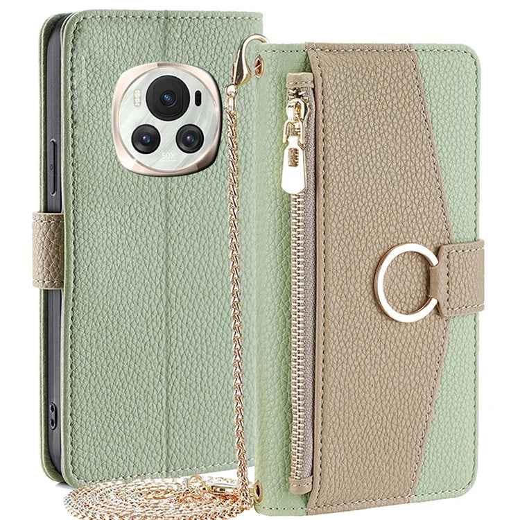 For Honor Magic6 5G Makeup Mirror Zipper Pocket Phone Cover Leather Case with Shoulder Strap