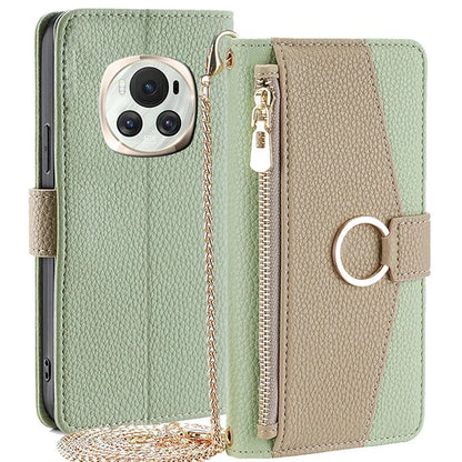 For Honor Magic6 5G Makeup Mirror Zipper Pocket Phone Cover Leather Case with Shoulder Strap