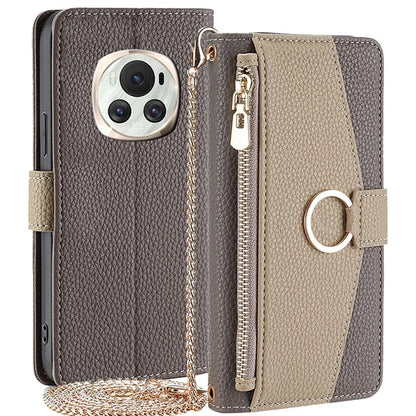 For Honor Magic6 5G Makeup Mirror Zipper Pocket Phone Cover Leather Case with Shoulder Strap