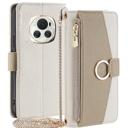 For Honor Magic6 5G Makeup Mirror Zipper Pocket Phone Cover Leather Case with Shoulder Strap