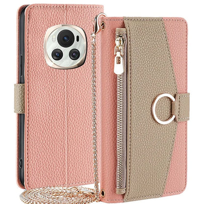 For Honor Magic6 5G Makeup Mirror Zipper Pocket Phone Cover Leather Case with Shoulder Strap