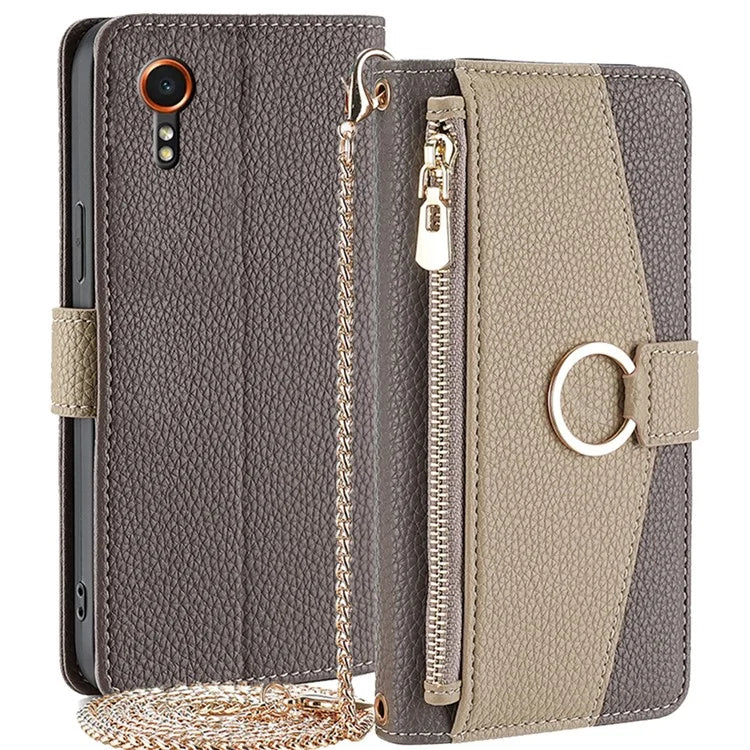 For Samsung Galaxy Xcover 7 Makeup Mirror Zipper Pocket Phone Cover Shockproof Case with Shoulder Strap