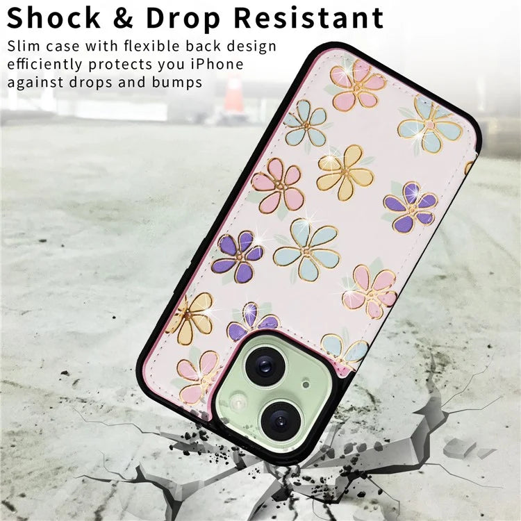 For iPhone 15 Plus Case Kickstand Flower Printed Shockproof Phone Case with Card Slot