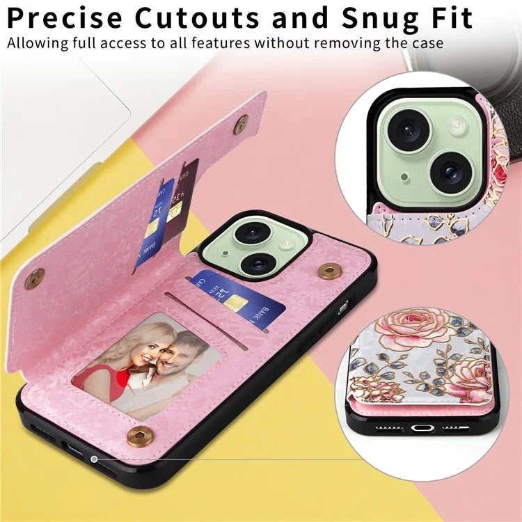 For iPhone 15 Plus Case Kickstand Flower Printed Shockproof Phone Case with Card Slot
