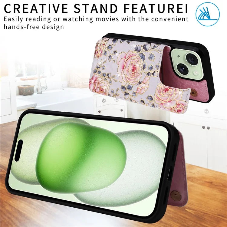 For iPhone 15 Plus Case Kickstand Flower Printed Shockproof Phone Case with Card Slot