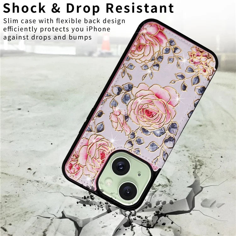 For iPhone 15 Plus Case Kickstand Flower Printed Shockproof Phone Case with Card Slot