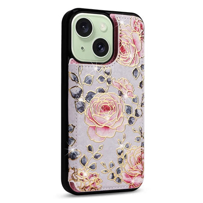 For iPhone 15 Plus Case Kickstand Flower Printed Shockproof Phone Case with Card Slot