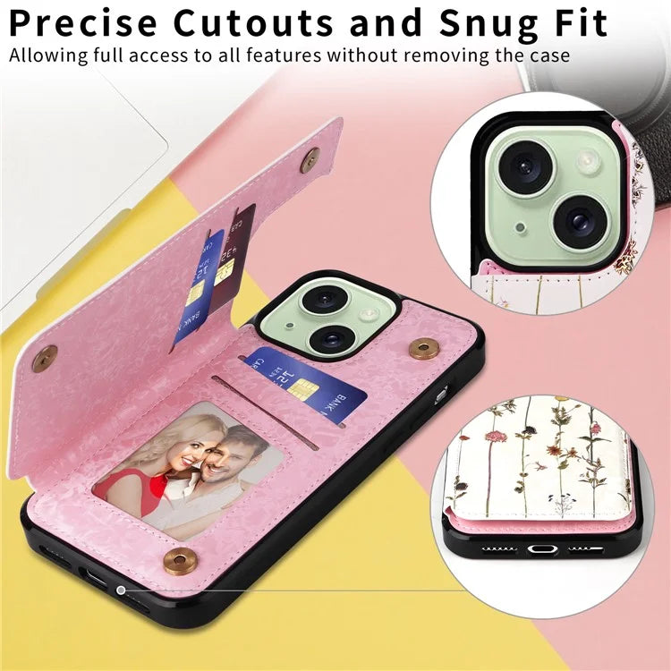 For iPhone 15 Plus Case Kickstand Flower Printed Shockproof Phone Case with Card Slot