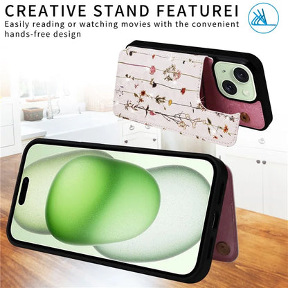 For iPhone 15 Plus Case Kickstand Flower Printed Shockproof Phone Case with Card Slot