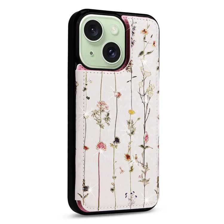 For iPhone 15 Plus Case Kickstand Flower Printed Shockproof Phone Case with Card Slot