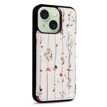 For iPhone 15 Plus Case Kickstand Flower Printed Shockproof Phone Case with Card Slot