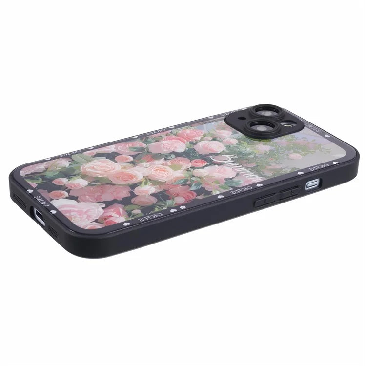 KYW Series for iPhone 15 Case Tempered Glass+PC Back Floral Pattern Phone Cover