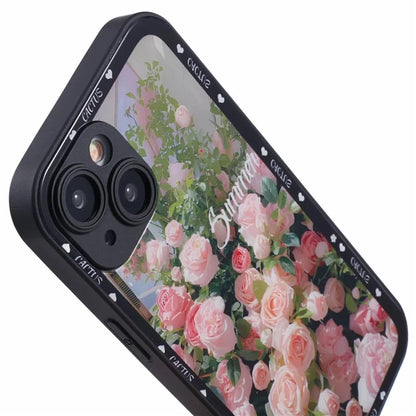 KYW Series for iPhone 14 Floral Pattern Case TPU Frame Tempered Glass+PC Back Protective Cover