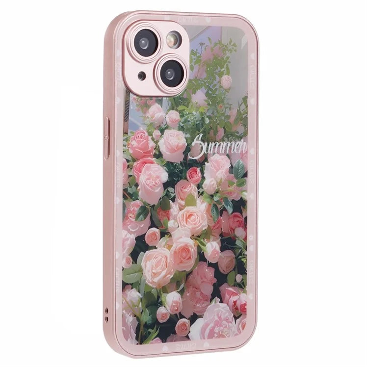 KYW Series for iPhone 13 Case Tempered Glass+PC+TPU Shockproof Phone Cover Floral Flower Pattern